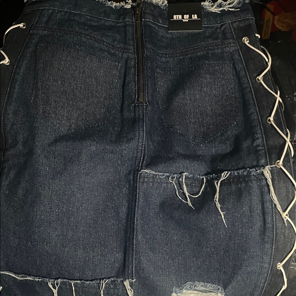 Dark Blue Denim Skirt with Lace-Up Sides